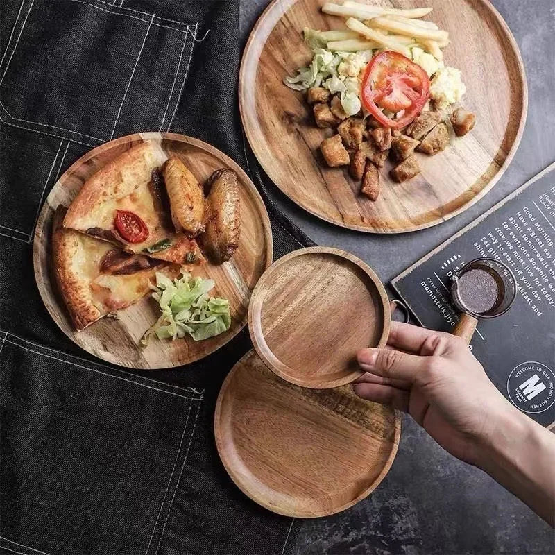 Solid Wood Round Plate - Simple Japanese Style Design Decorative Serving Tray Large Capacity Food Dish