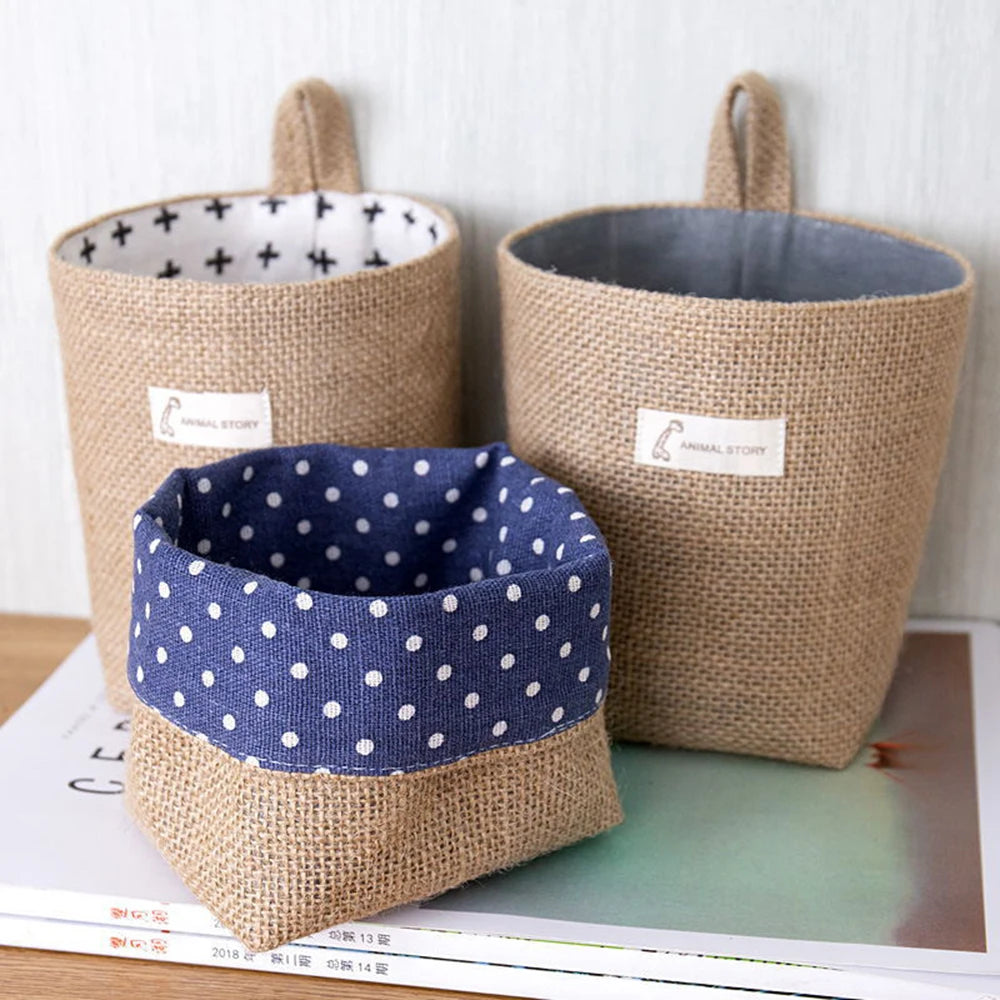 Nordic Style Small Hanging Wall Pocket Storage Basket - Cotton Linen Organizer for Cosmetics & Toys