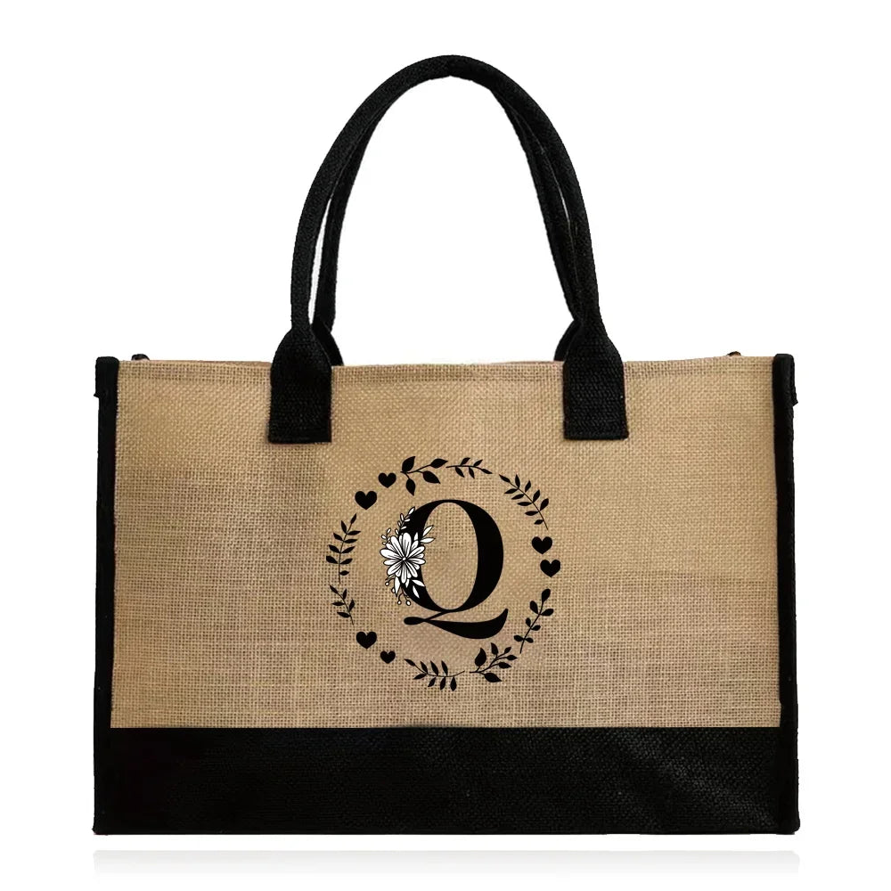 Shopping Bag Burlap Tote Bag - Lightweight Large Capacity Women's Grocery Organizer with Garland Letter Pattern