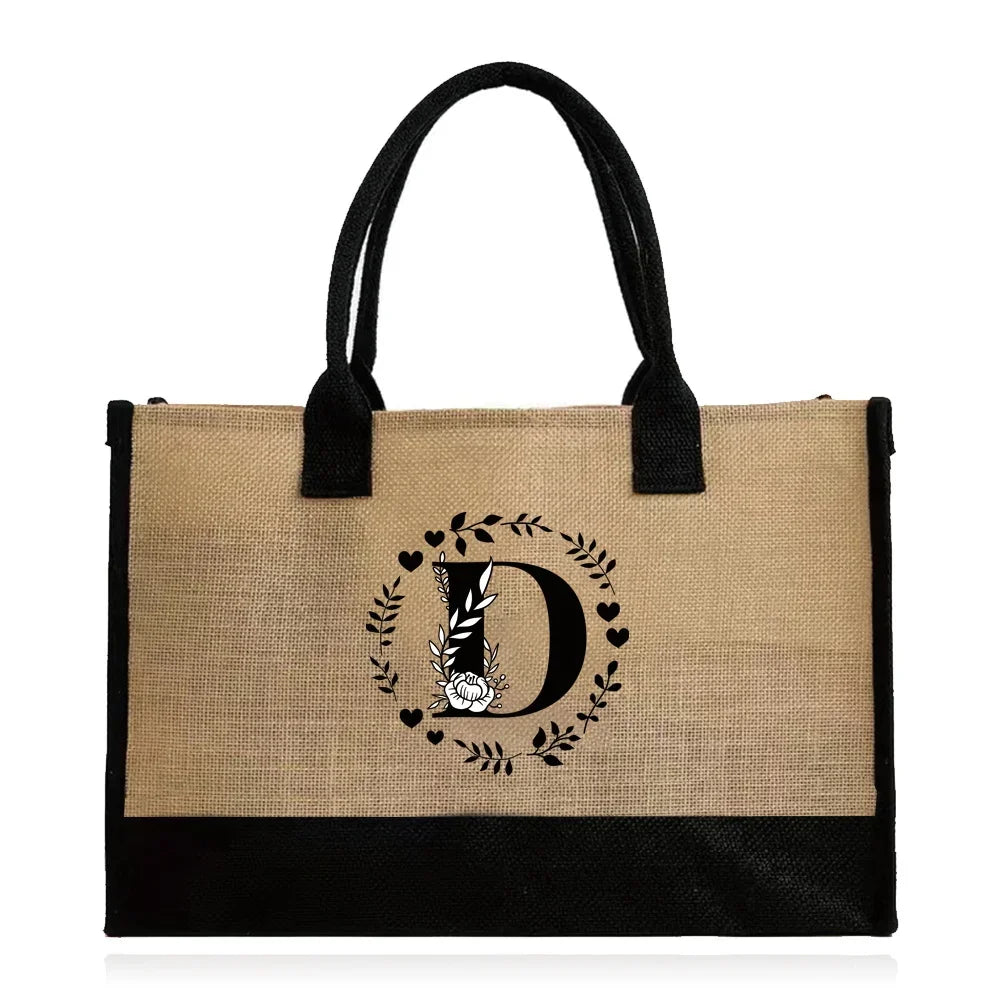 Shopping Bag Burlap Tote Bag - Lightweight Large Capacity Women's Grocery Organizer with Garland Letter Pattern