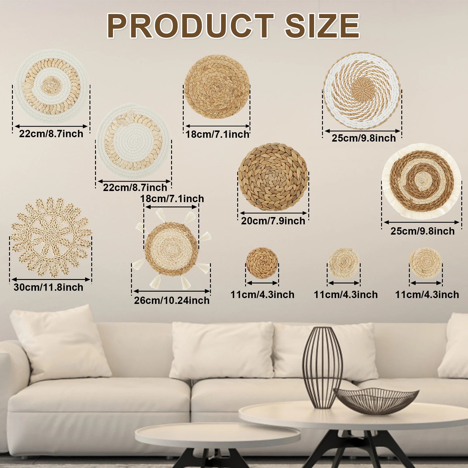11Pcs Woven Wall Basket Decor - Handmade Rattan Wicker Aesthetic Wall Baskets for Home Decoration