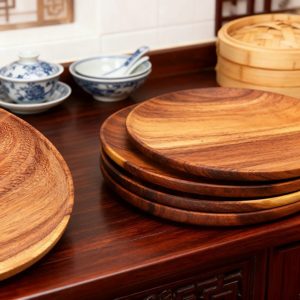 Acacia Wood Dinner Plate - Round Wood Plate for Fruits, Dishes, Snacks, Dessert, Sushi & Salad Serving Tray