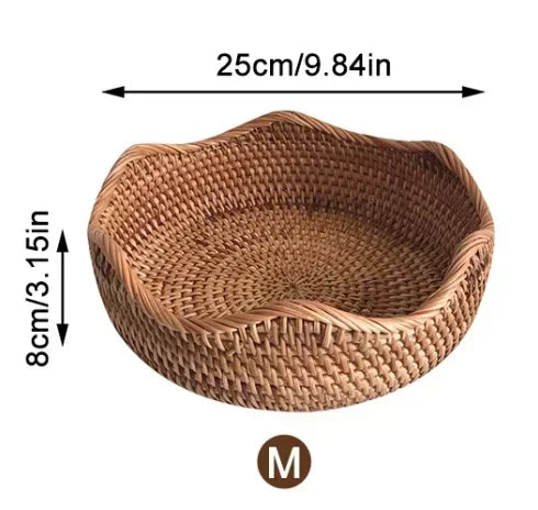Handwoven Rattan Storage Basket - Wicker Bread Fruit Breakfast Tea Picnic Kitchen Storage Tray