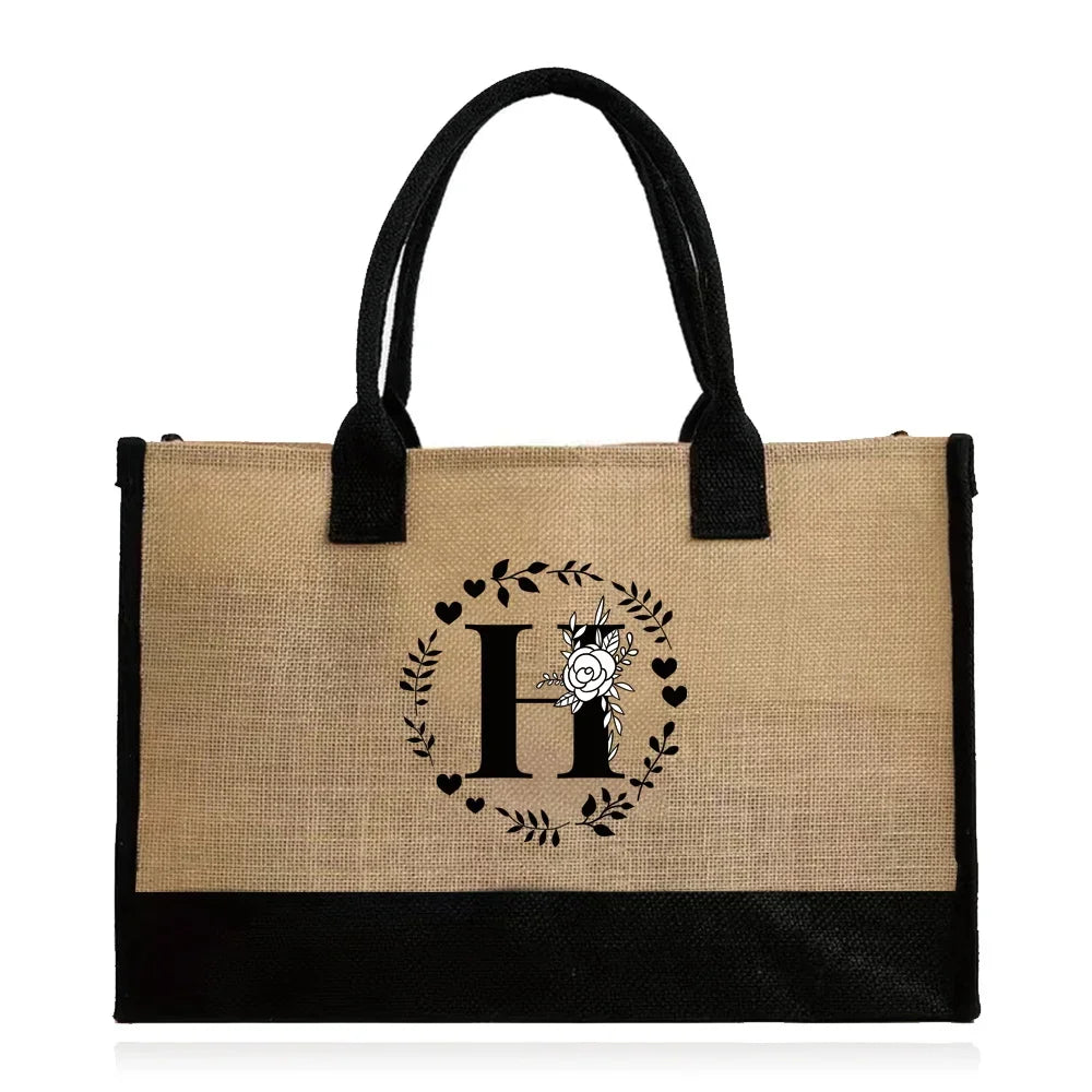 Shopping Bag Burlap Tote Bag - Lightweight Large Capacity Women's Grocery Organizer with Garland Letter Pattern