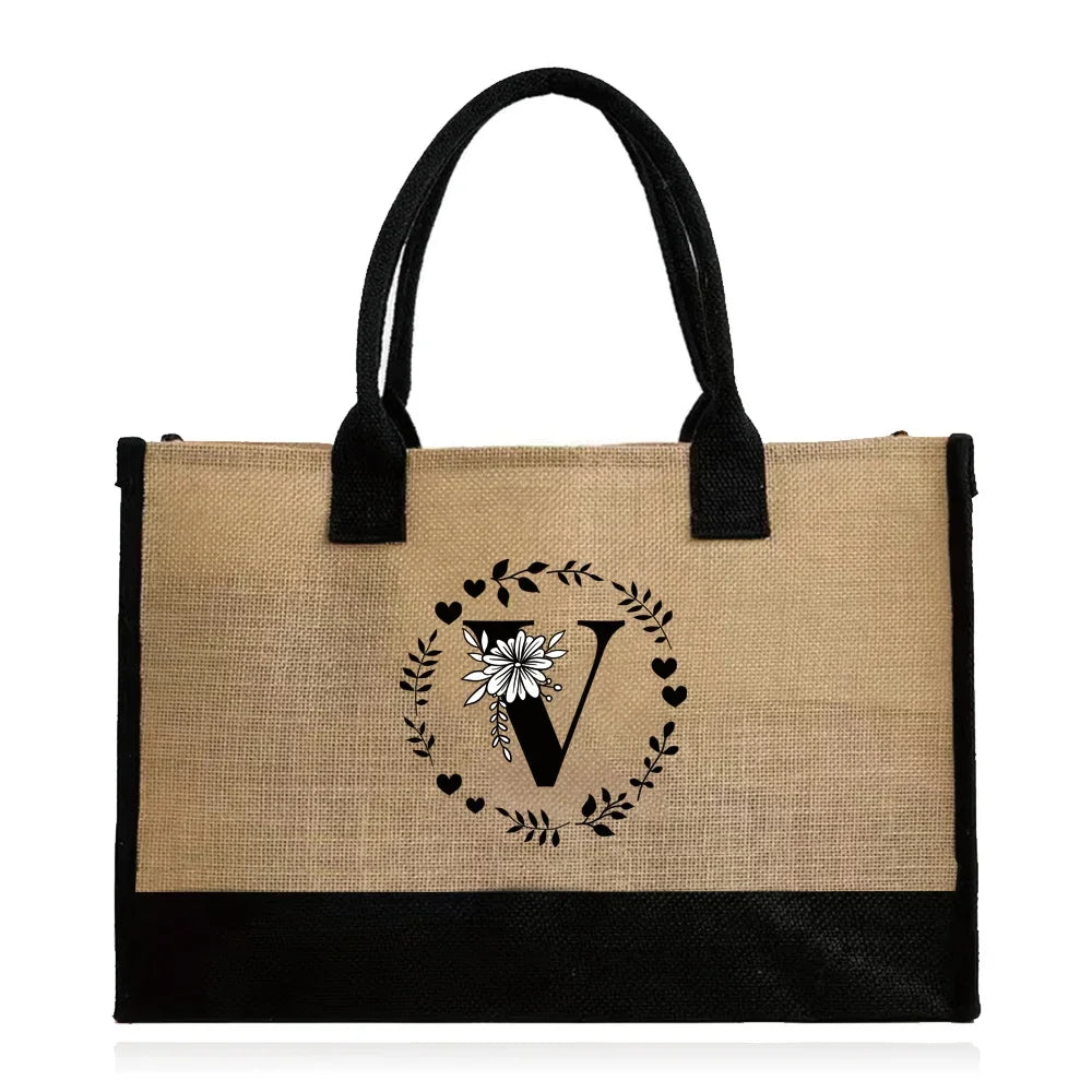 Shopping Bag Burlap Tote Bag - Lightweight Large Capacity Women's Grocery Organizer with Garland Letter Pattern