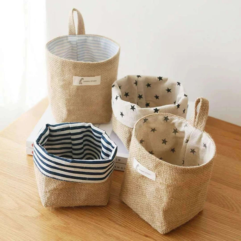 Nordic Style Small Hanging Wall Pocket Storage Basket - Cotton Linen Organizer for Cosmetics & Toys
