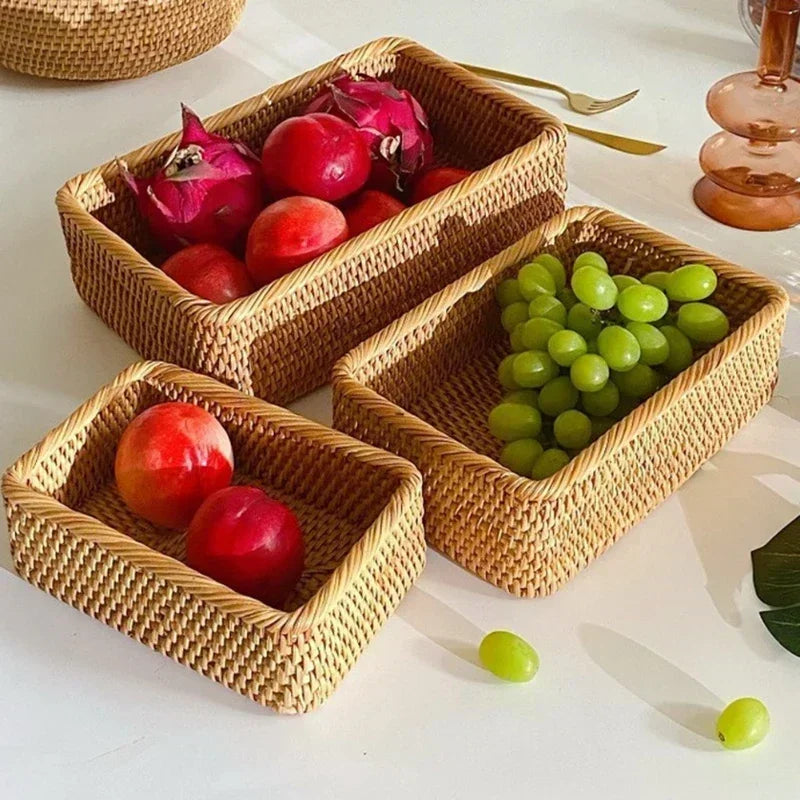 Handwoven Rattan Storage Basket - Wicker Bread Fruit Breakfast Tea Picnic Kitchen Storage Tray