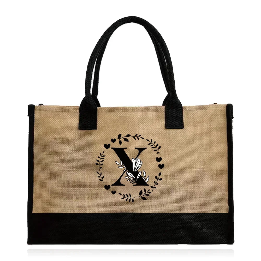 Shopping Bag Burlap Tote Bag - Lightweight Large Capacity Women's Grocery Organizer with Garland Letter Pattern