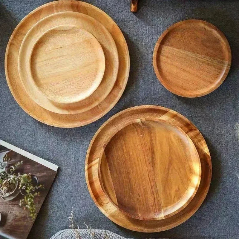 Solid Wood Round Plate - Simple Japanese Style Design Decorative Serving Tray Large Capacity Food Dish