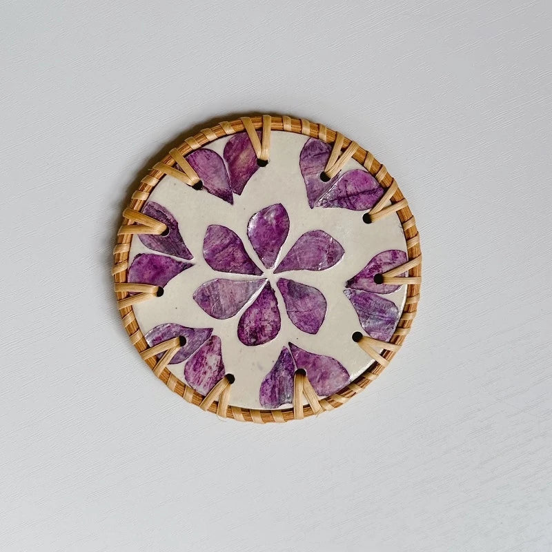 Handmade Colorful Rattan Thermal Insulation Coaster - Shell Flower Pattern Round Table Protection