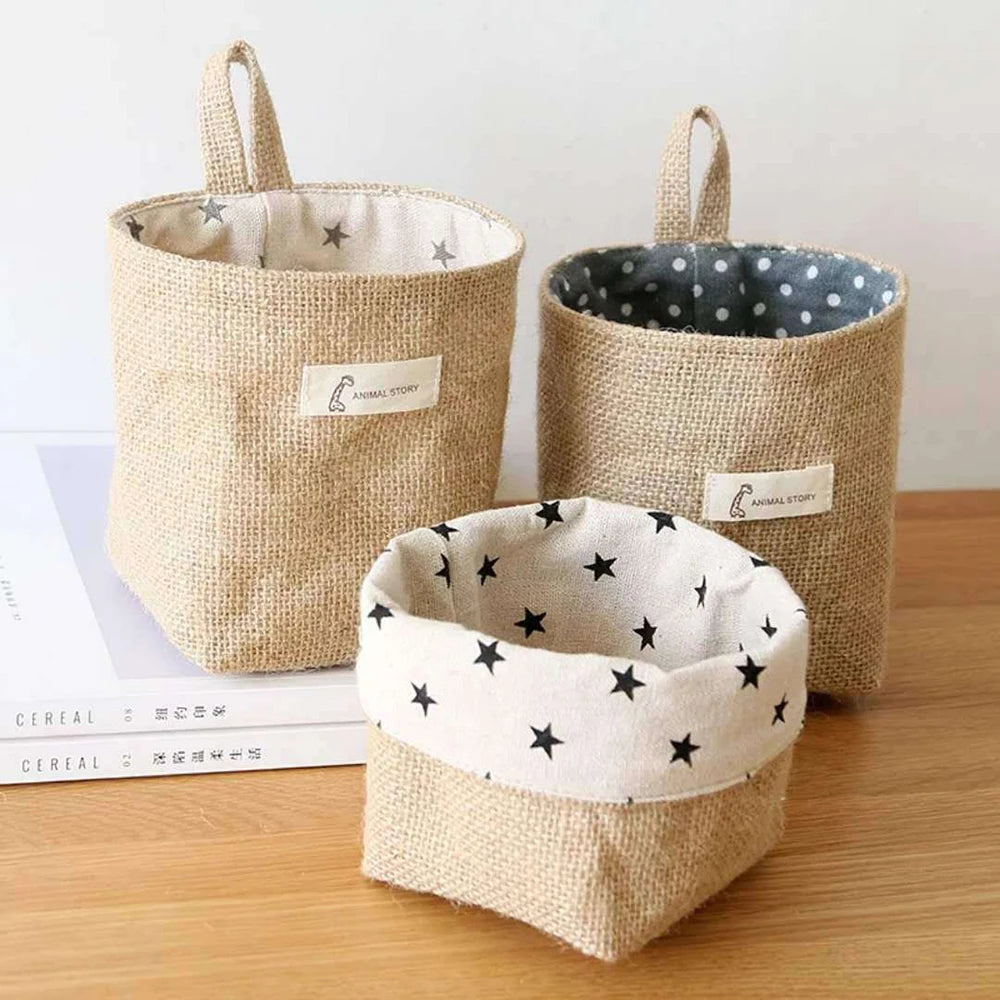 Nordic Style Small Hanging Wall Pocket Storage Basket - Cotton Linen Organizer for Cosmetics & Toys