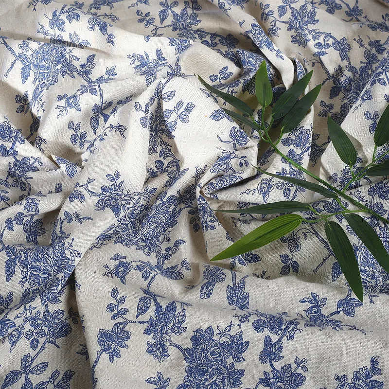 150x50cm Cotton Linen Blue Retro Orchid Fabric - Rural Pastoral Style for Handmade Curtains & DIY Home Decoration