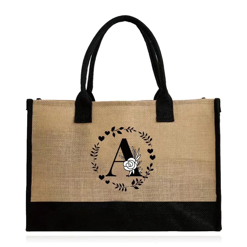 Shopping Bag Burlap Tote Bag - Lightweight Large Capacity Women's Grocery Organizer with Garland Letter Pattern